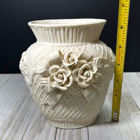 Vintage Bisque Porcelain Vase Sculpted 3D Raised Flower Pattern 6.25'' Tall - Picture 5 of 7